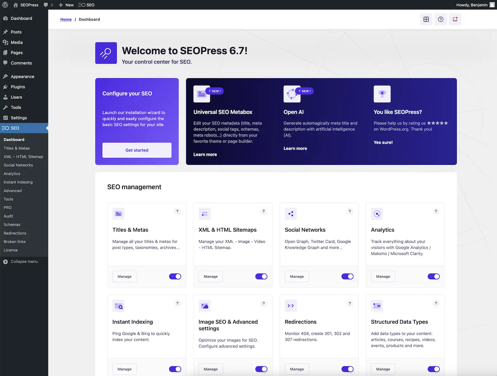 SEOPress WordPress plugin dashboard - review by wpfixs